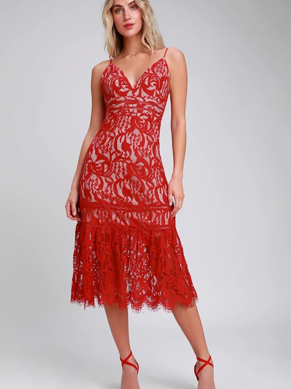 Lulu’s Red Lace Midi Dress with V-Neck Formal Wedding Guest Sexy Date Night XL